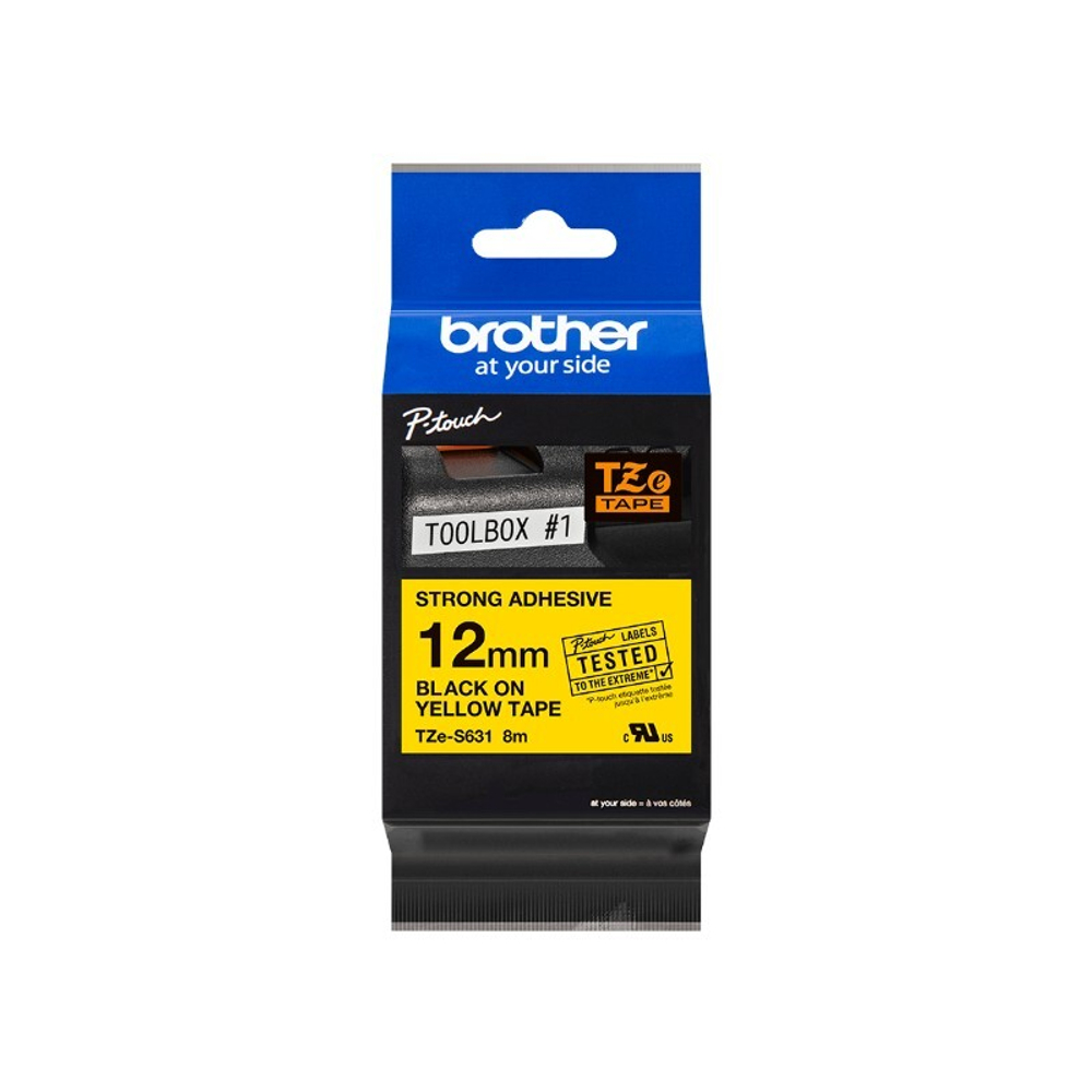 Brother TZES-631 кассета с лентой для печати наклеек повышенной адгезии, чёрный шрифт на жёлтой основе, 12мм*8м