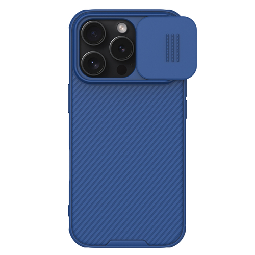 Чехол синего цвета с сдвижной шторкой для камеры от Nillkin для iPhone 16 Pro, серия CamShield Pro Case
