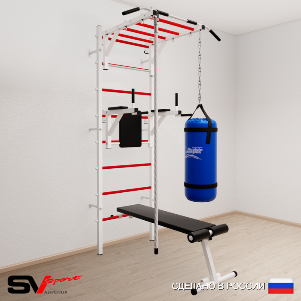 Шведская стенка Sv Sport усиленная 6501 (Турник рукоход/Брусья/Скамья/Канат/Цепь/Мешок 15кг)