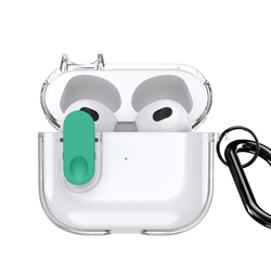 Прозрачный чехол с зеленой кнопкой для наушников AirPods 3, серия PECL Series от Dux Ducis, в комплекте с карабином