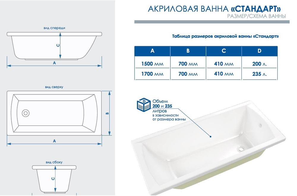 Акриловая ванна Standart 1500*700*425 (Ванна, каркас, фронтальный экран)