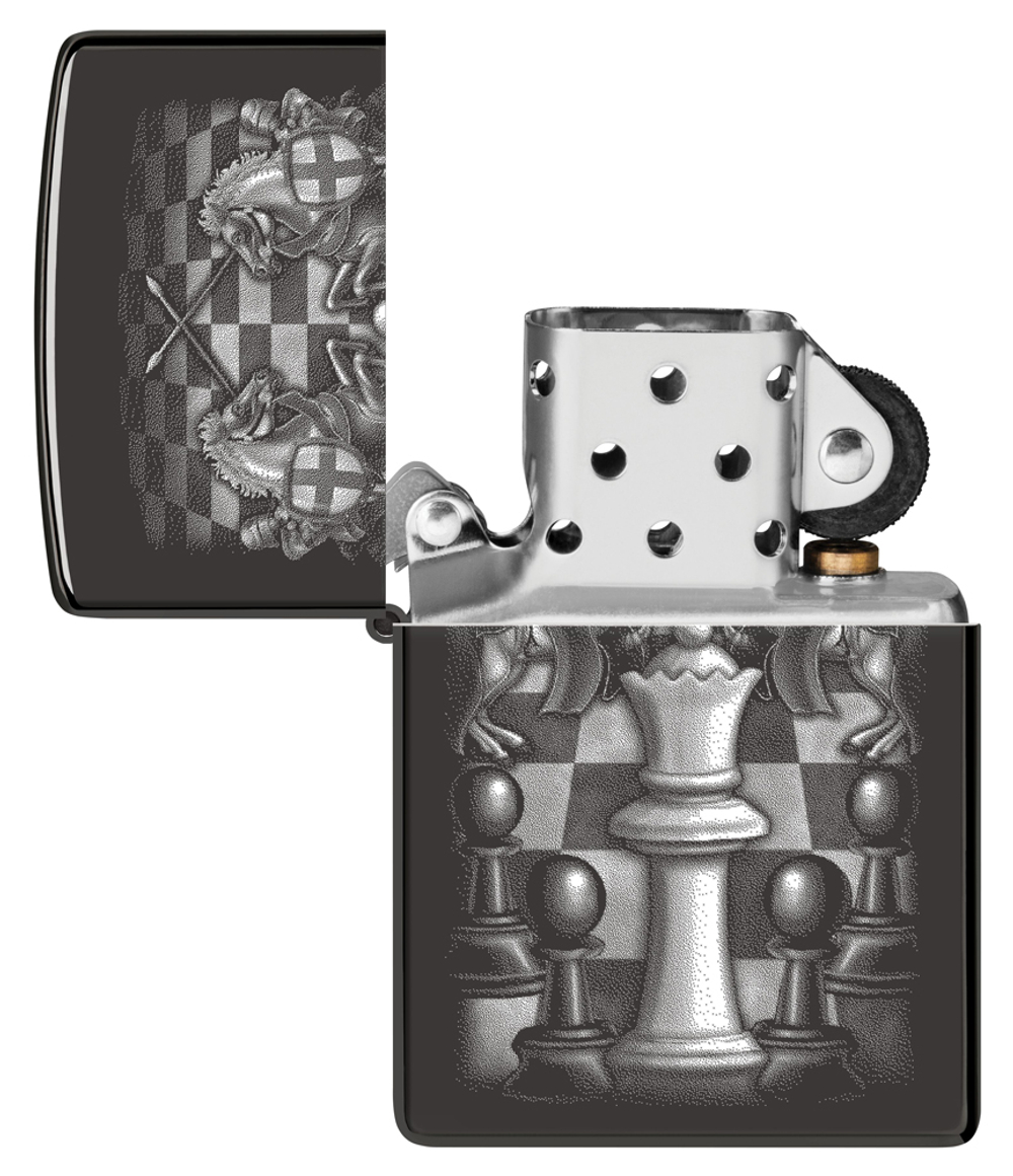 Зажигалка Zippo Chess Design с покрытием High Polish Black, латунь/сталь, черная, 38x13x57 мм