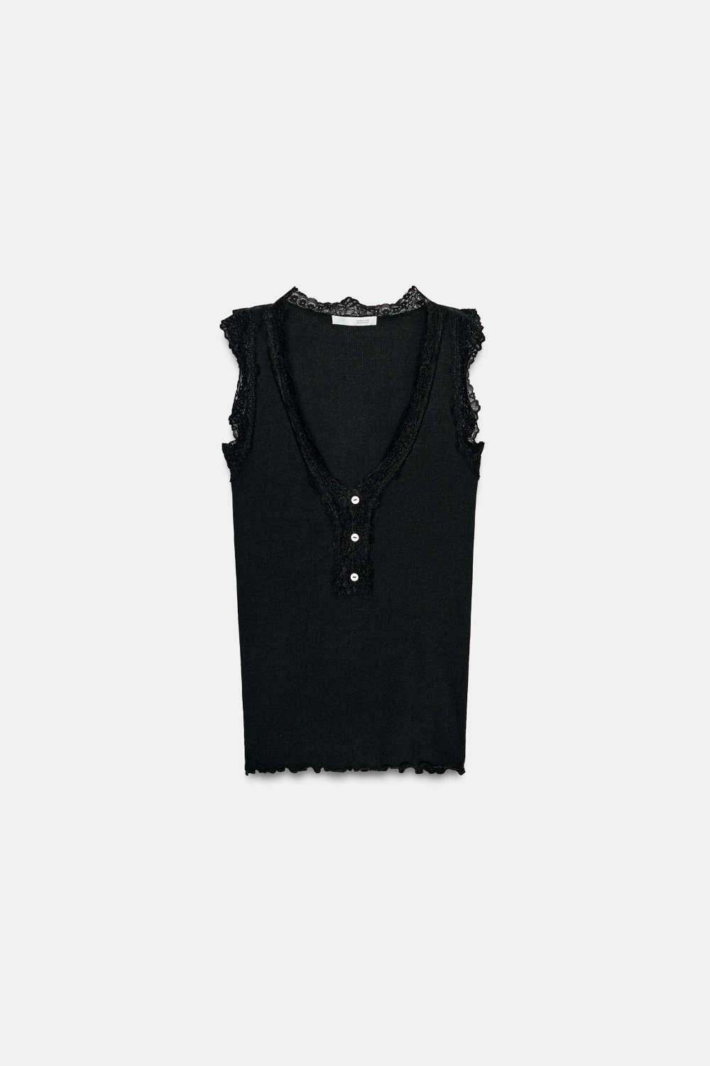 ZARA ФУТБОЛКА В РУБЧИК С КРУЖЕВОМ, ЧЕРНЫЙ