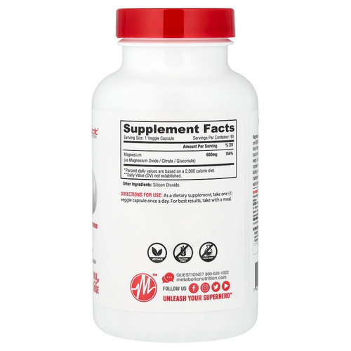 Metabolic Nutrition, магний, формула с максимальной эффективностью, 90 капсул (650 мг в 1 капсуле)