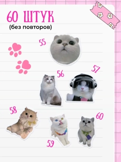 Наклейки милые мемные котики 60 шт