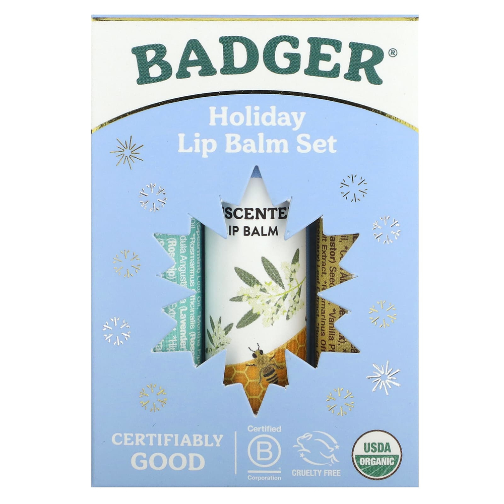 Badger, Праздничный набор бальзамов для губ, синяя упаковка, 3 шт. по 4,2 г (0,15 унции)