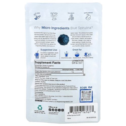 Micro Ingredients, органическая голубая спирулина, 30 г (1,05 унции)
