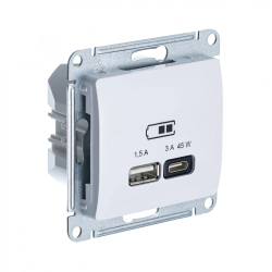 GLOSSA USB РОЗЕТКА A + тип-C 45Вт высокоскор.заряд. QC, PD, механизм, БЕЛЫЙ