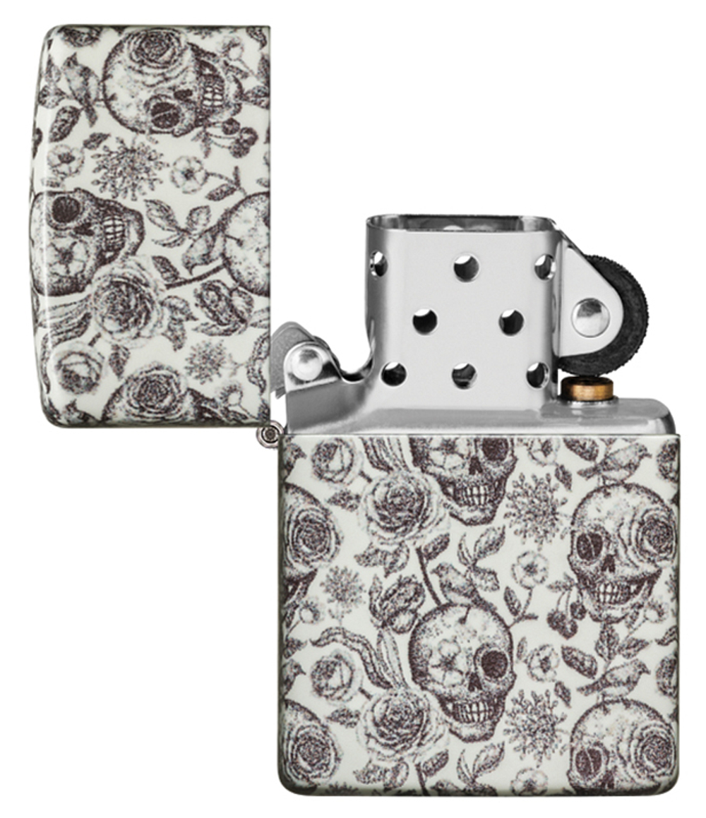 Зажигалка Zippo Skeleton с покрытием Glow in the Dark Green, латунь/сталь, серая, 38x13x57 мм