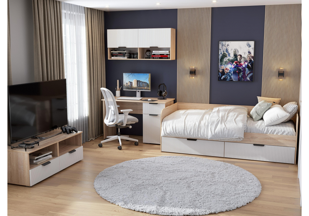 Кровать Woodville Стокгольм КРД03-90 90х200 дуб сонома, line софт пломбир