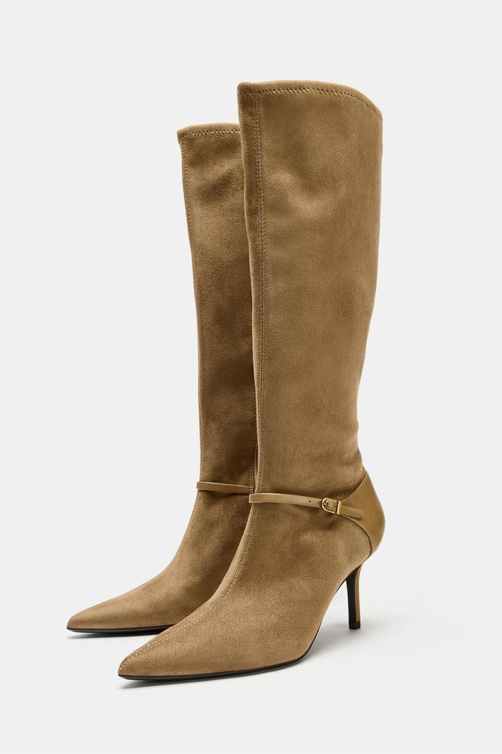 ZARA КОМБИНИРОВАННЫЕ САПОГИ НА КАБЛУКЕ, ПЕСОЧНО-КОРИЧНЕВЫЙ