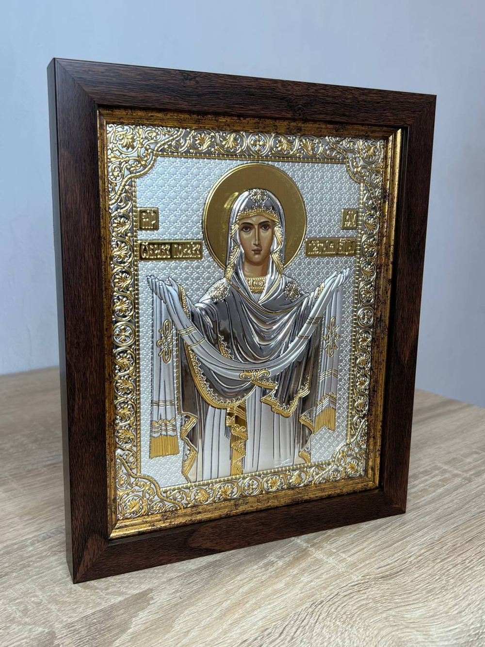 Покрова БМ, икона прямоугольная в рамке под стеклом, красный киот 170х210