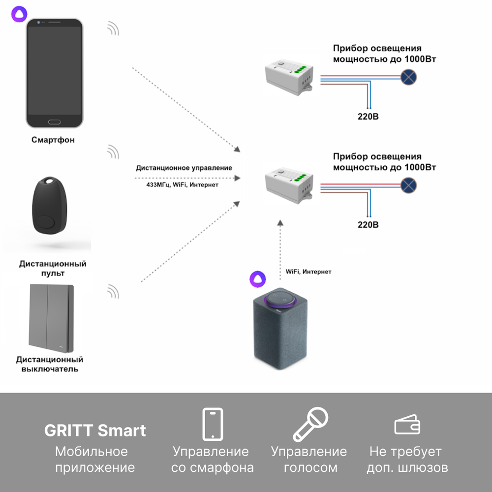 Умный беспроводной выключатель GRITT Evolution 2кл. графит комплект: 1 выкл. IP67, 2 реле 1000Вт 433 + WiFi с управлением со смартфона, EV221220GRWF