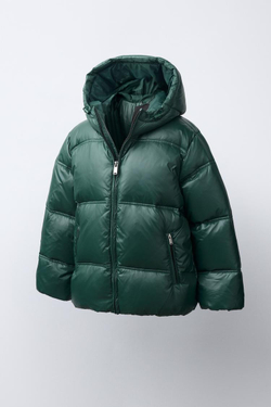 ZARA БЛЕСТЯЩИЙ ПУХОВИК 50% ПЕРА И 50% ПУХА WATER REPELLENT, ОЛИВКОВЫЙ