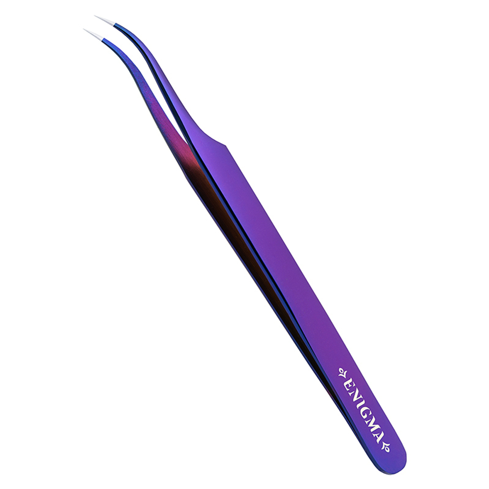 Пинцет изогнутый Enigma (Purple mettalic, фиолетовый) с ручной заточкой extra-sharp