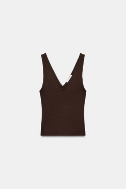 ZARA ТОП В РУБЧИК С V-ОБРАЗНЫМ ВЫРЕЗОМ, КОРИЧНЕВЫЙ