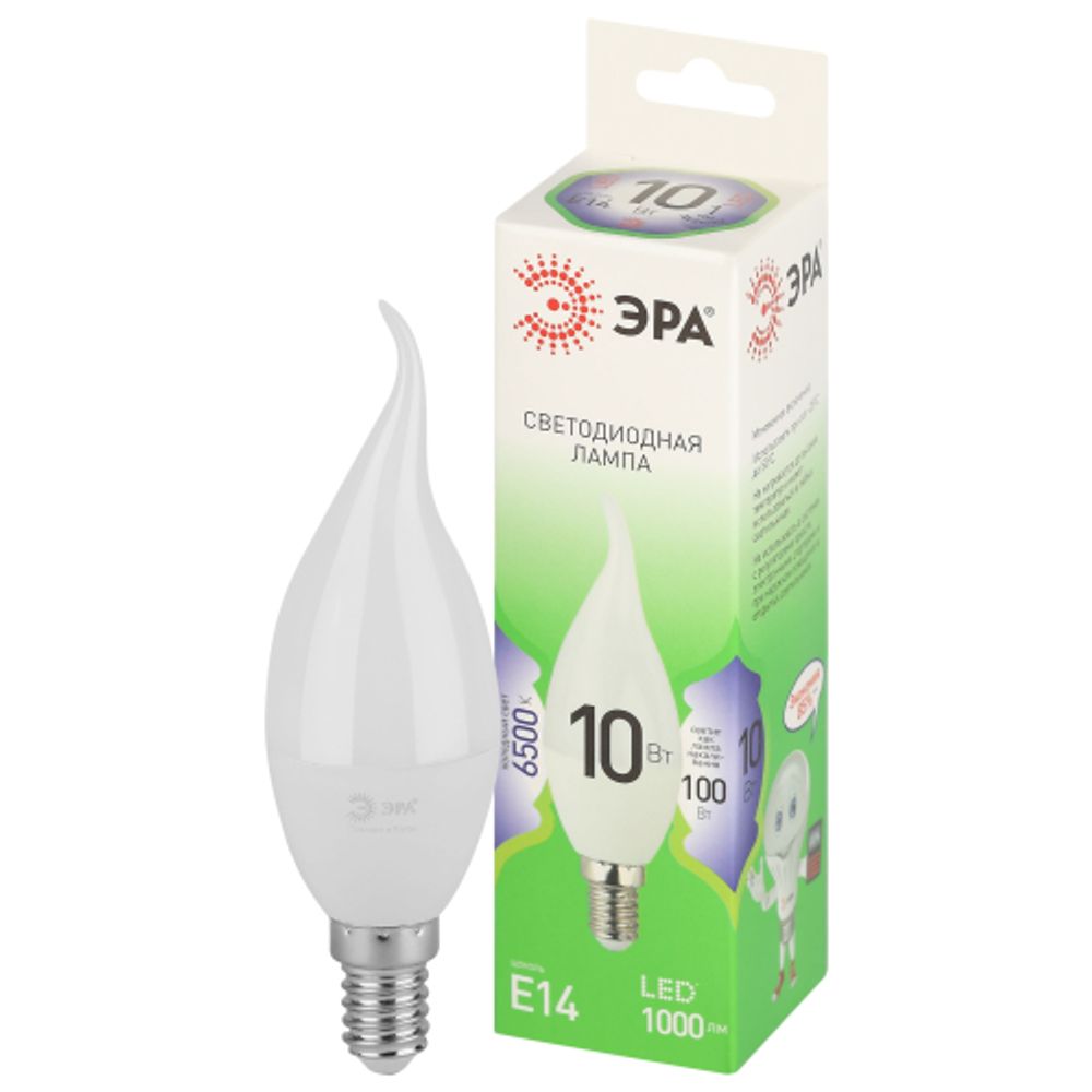 Лампа светодиодная ЭРА GREEN LINE LED BXS-10W-865-E14 GL 10Вт свеча на ветру холодный свет E14 | Лампы cветодиодные Свеча (B/C)