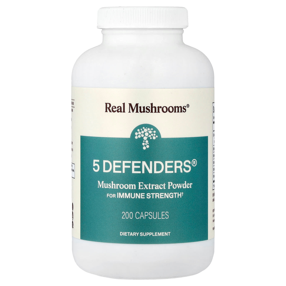 Real Mushrooms, 5 Defenders®, порошок с экстрактом грибов, 200 капсул