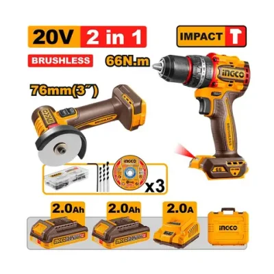 Набор 20В BL Мини-УШМ 76мм и Шуруповерт 66 Hm INGCO CKLI20255 INDUSTRIAL