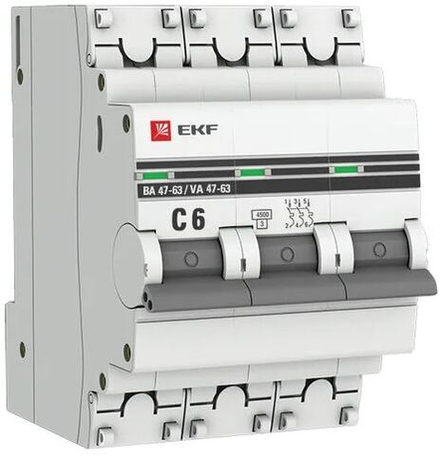 Выключатель автоматический модульный 3п C 6А 4.5кА ВА 47-63 PROxima EKF mcb4763-3-06C-pro
