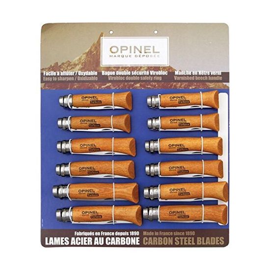 Складной нож Набор-дисплей Opinel T085 из 12 ей разных размеров из углеродистой стали c клинком из стали XC90, рукоять дерево (Бук)