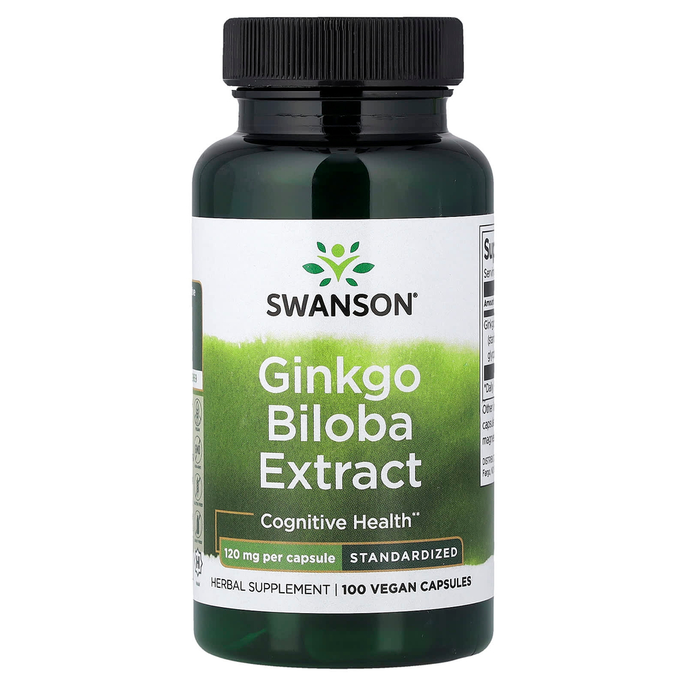 Swanson Vitamins, экстракт гинкго билоба, стандартизованный, 120 мг, 100 веганских капсул