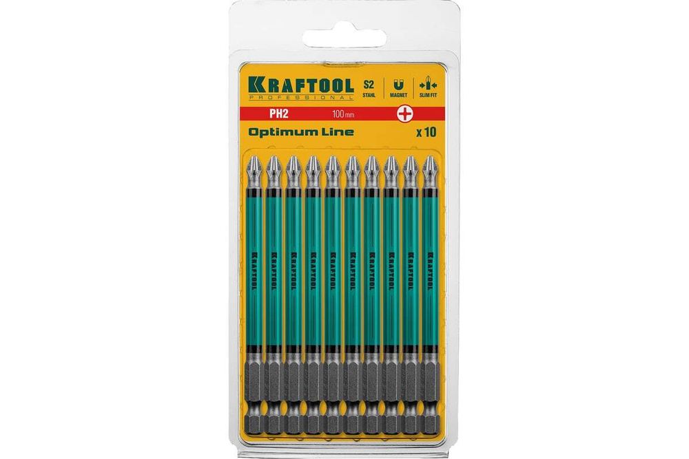Биты KRAFTOOL Optimum Line PH2, 100 мм, E 1/4", 10 шт 26122-2-100-10 (Цена за 1 шт.)