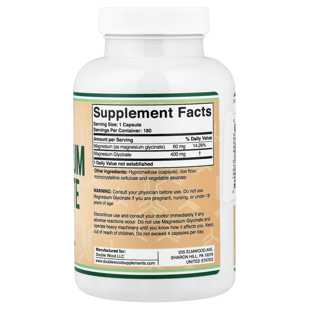 Double Wood Supplements, глицинат магния, 400 мг, 180 растительных капсул