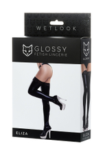 Чулки Glossy из материала Wetlook со вставкой из кружева черный М