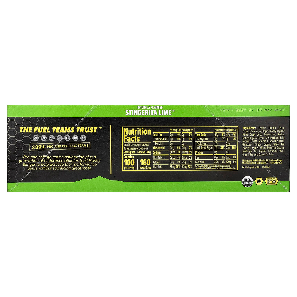 Honey Stinger, жевательные таблетки с кофеином, Stingerita Lime™, 12 пакетиков по 50 г (1,8 унции)