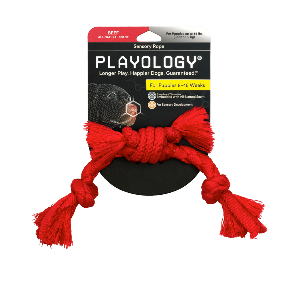 Playology сенсорный канат PUPPY SENSORY ROPE для щенков мелких и средних пород 8-16 недель с ароматом говядины, цвет красный