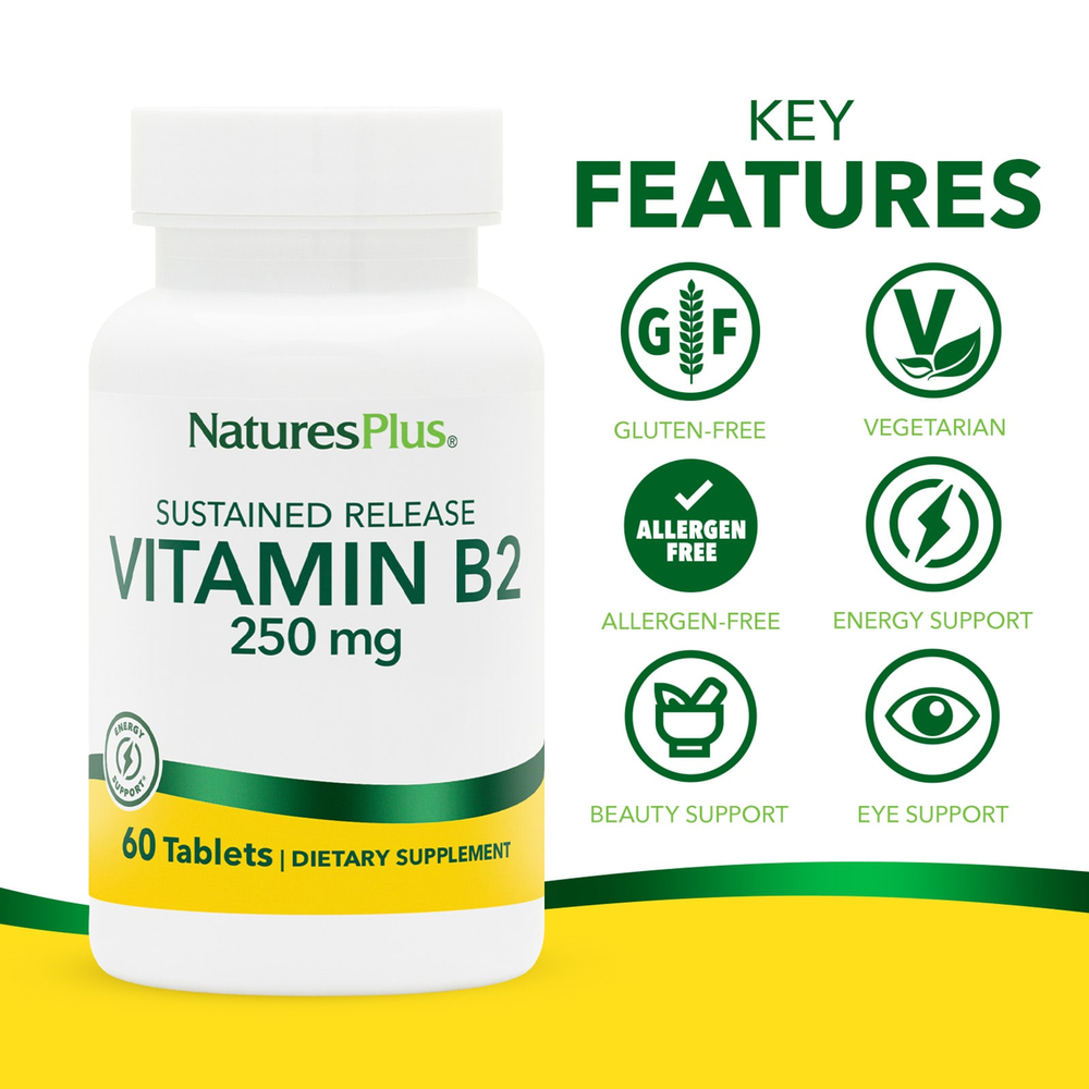 NaturesPlus, витамин B2, длительное высвобождение, 250 мкг, 60 таблеток
