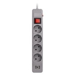 Сетевой фильтр c USB+Type C, 16А, 4 гнезда, c з/ш, с з/к, ПВС, 3 м, серый (SBSP-30C-G)