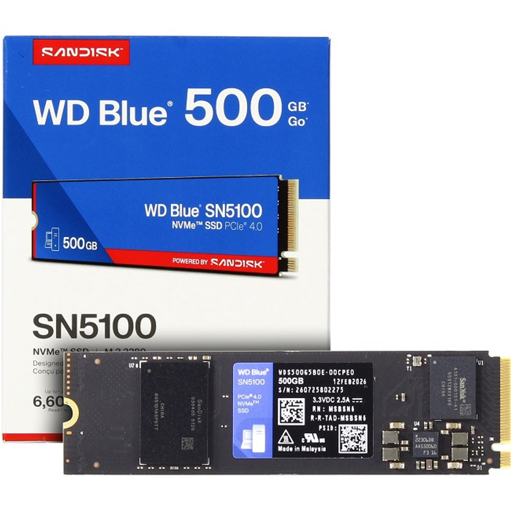Жесткий диск SSD M.2 500GB Western Digital BLUE SN5100, 6600/5600MBs, 1100000 IOPS, 3D QLC, PCI-E 4.0 x4 (WDS500G5B0E)
