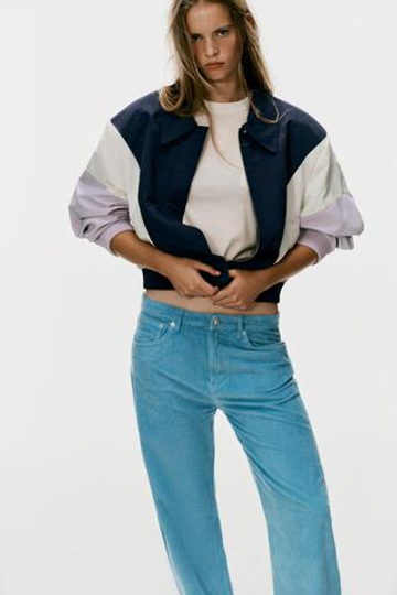 ZARA БРЮКИ БОЙФРЕНД ИЗ ВЕЛЬВЕТА, ГОЛУБОЙ