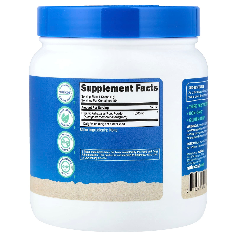 Nutricost, порошок из корня органического астрагала, без добавок, 454 г (16,2 унции)