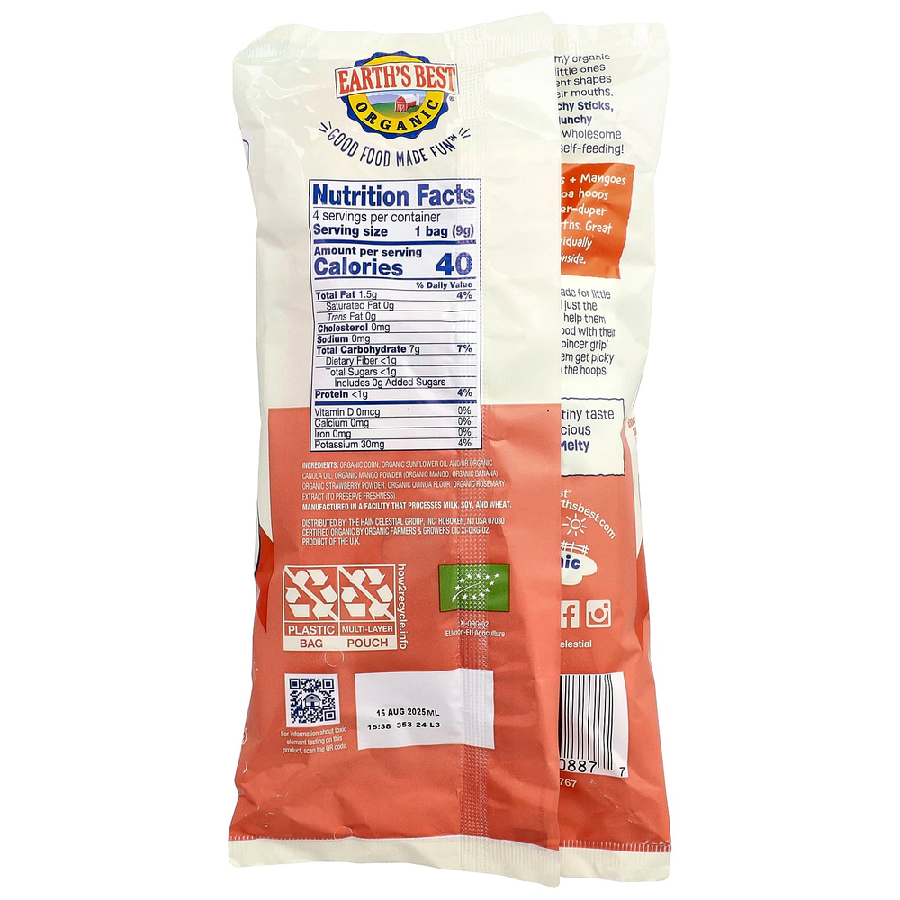 Earth's Best, органический Melty Hoops, кукурузный снек, для детей от 8 месяцев, клубника и манго, 4 порционных упаковки по 9 г (0,32 унции)