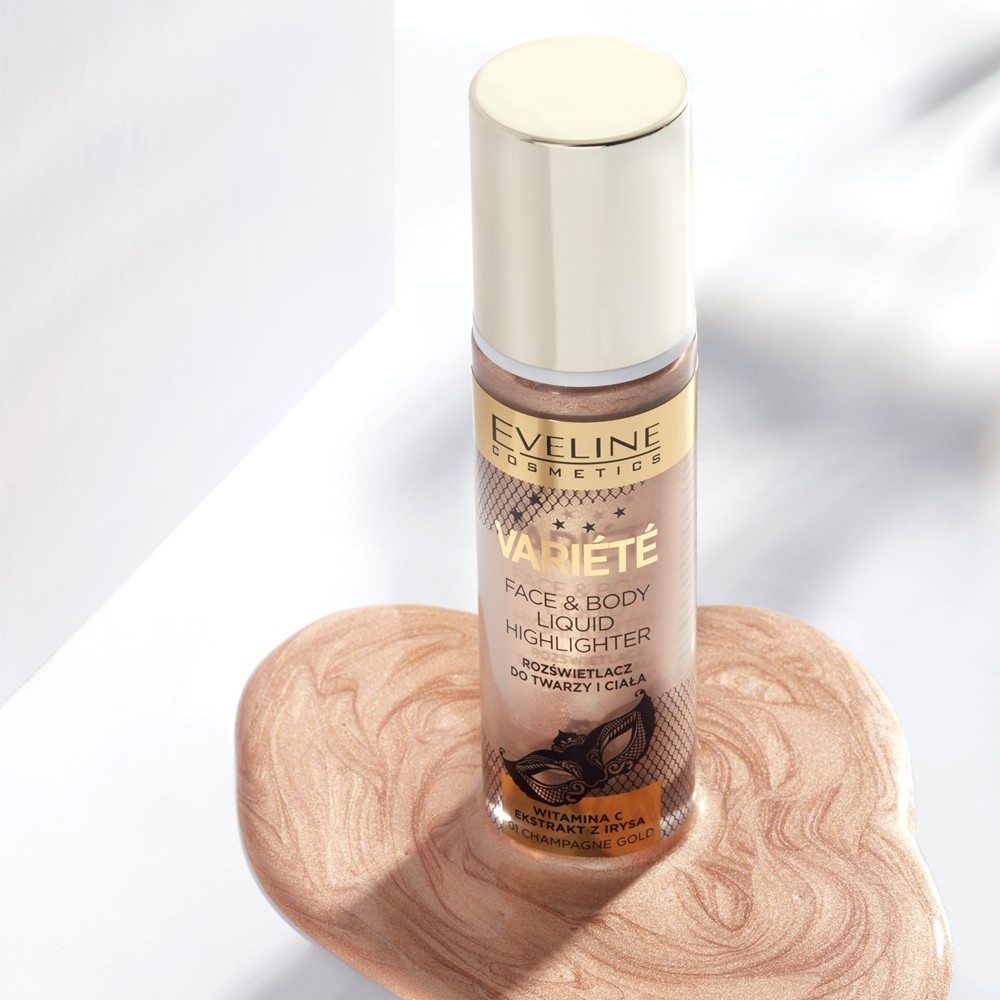 Eveline Cosmetics Variete - Жидкий хайлайтер для лица и тела оттенок 01 Sparkling Wine Gold, 30 ml