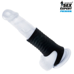 Черная открытая насадка на пенис с кольцом для мошонки XL-size - 8,9 см. (Цвет: черный)