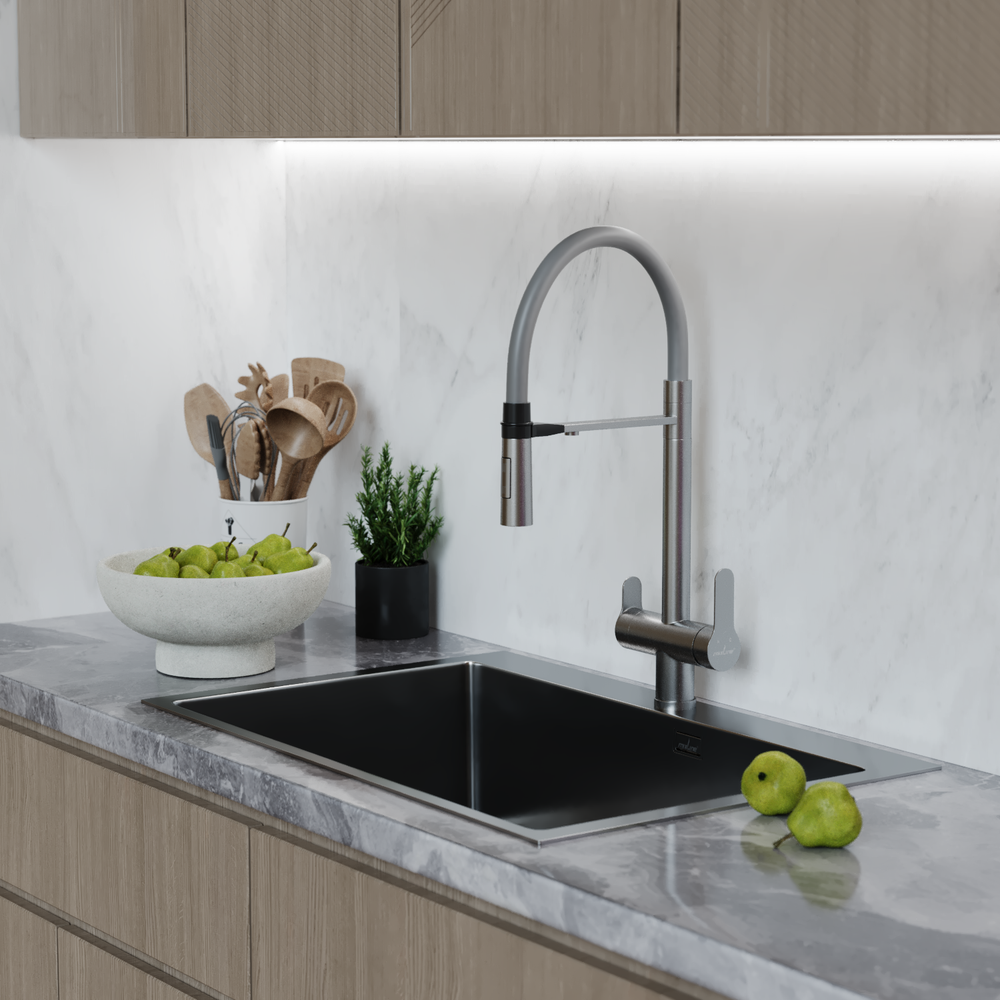 Смеситель для кухни 35k MIXLINE МЛНС-0401/MLSS-0401 СЕРЫЙ гиб.изл магнит,под.к фильтру,п/гайку САТИН