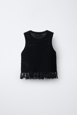 ZARA ТРИКОТАЖНЫЙ ТОП С БАХРОМОЙ, ЧЕРНЫЙ