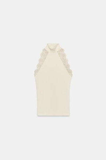 ZARA ТОП В РУБЧИК С КРУЖЕВОМ, ЭКРЮ