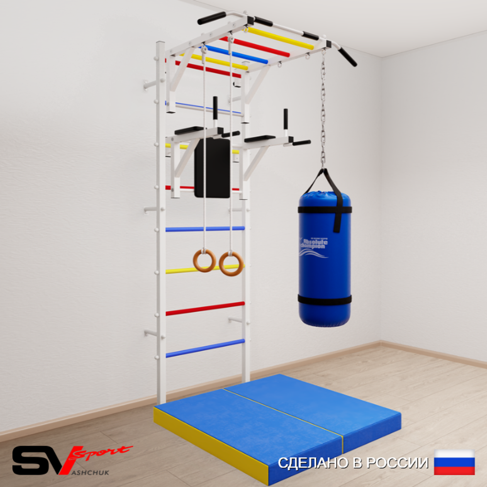 Шведская стенка Sv Sport усиленная 6417 (Турник рукоход/Брусья/Кольца/Цепь/Мешок 30кг/Мат 1м)