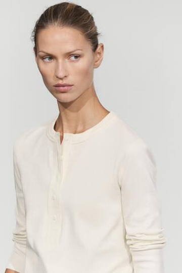 Massimo Dutti Футболка из смесового хлопка с воротником на пуговицах, натуральный/кремовый