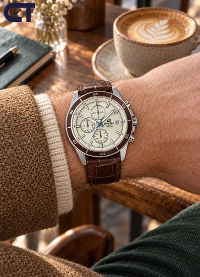 CASIO EFR-526L-7B EDIFICE мужские наручные часы — светлый циферблат, кожаный ремешок и хронограф с WR100