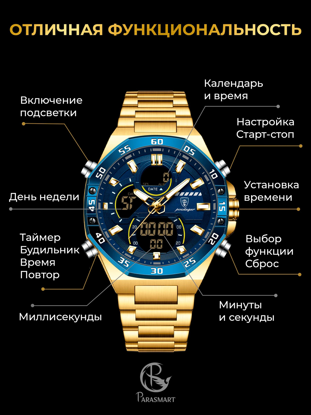 Часы мужские кварцевые ALDEBARAN E101 c металлическим браслетом (желтое золото, синий)