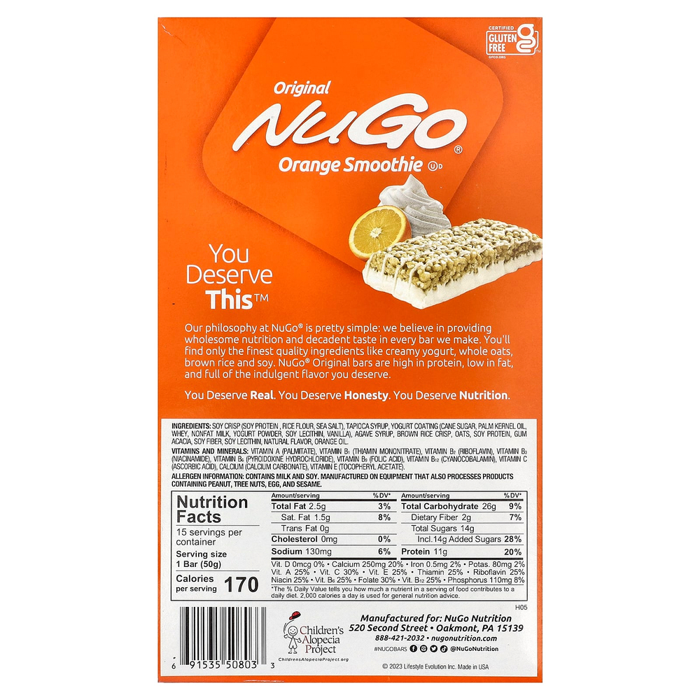 NuGo Nutrition, протеиновые батончики, апельсиновый смузи, 15 батончиков по 50 г (1,76 унции)