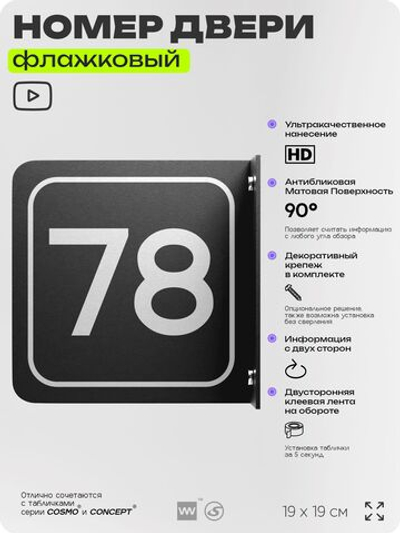 Табличка флажковая с номером 78 на дверь квартиры, для офиса, кабинета, аудитории, склада, черная двустороняя 19х19 см, Айдентика Технолоджи