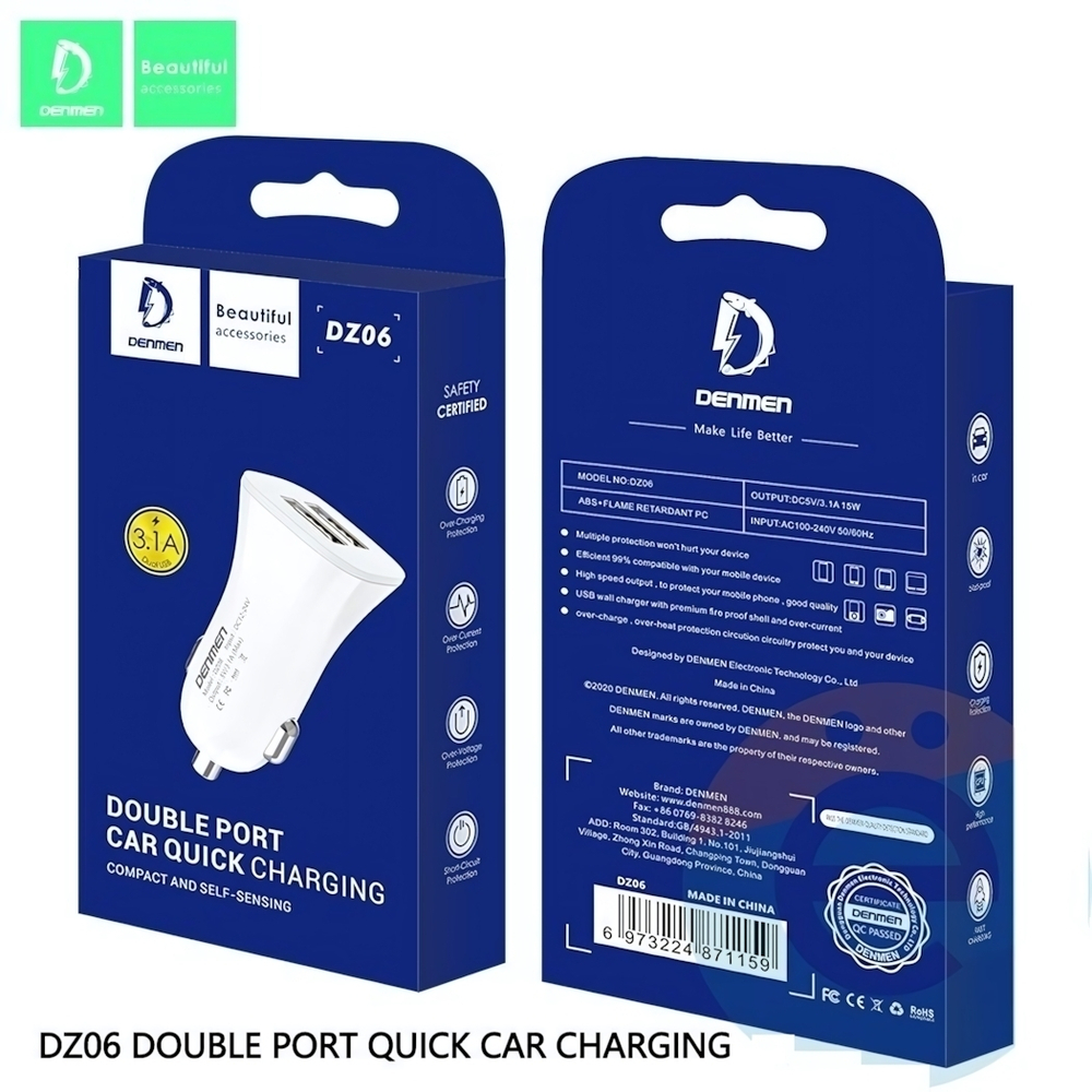 Автомобильное зарядное устройство DENMEN DZ06E 3.1A 2xUSB + кабель microUSB/Type-C/Lightning White