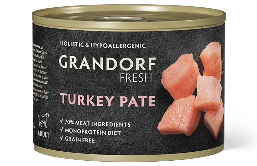 Влажный корм консервы для собак всех пород GRANDORF FRESH Turkey pate из индейки 0,2 кг 6 шт